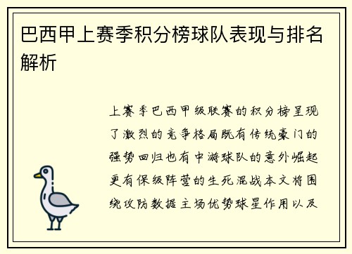 巴西甲上赛季积分榜球队表现与排名解析