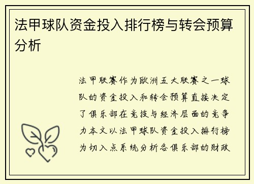 法甲球队资金投入排行榜与转会预算分析